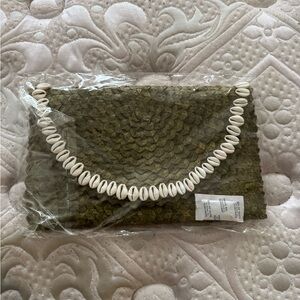 Green Woven Clutch with Shell Accents